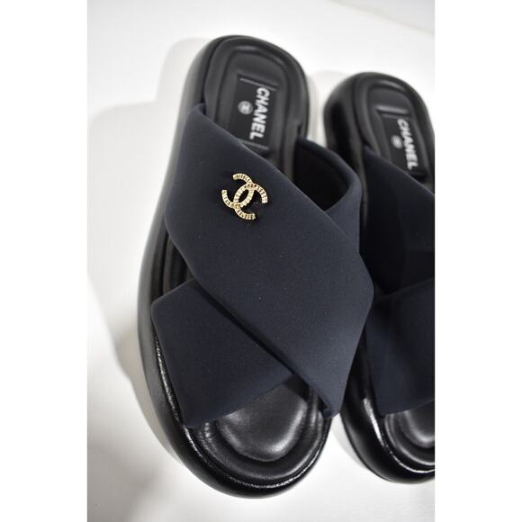 Chanel REV Black Fabric Criss Cross Puffy CC Logo Slide Mule Sandal Flop Flat 41 - Picture 4 of 12